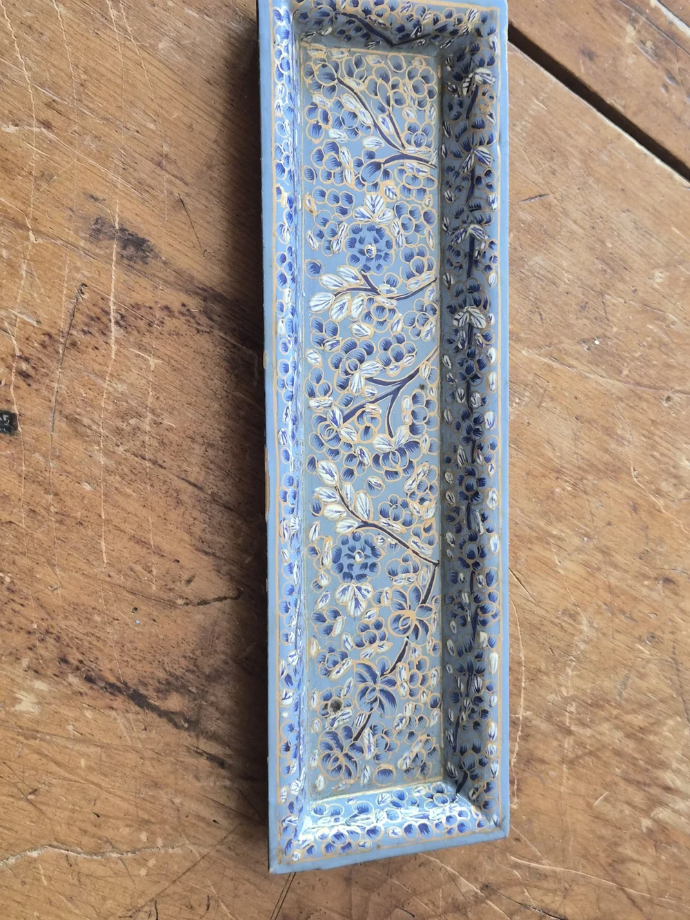 Hand Painted Kashmiri Style Wooden Pencil Tray | Blue & Gold Floral Desk Trinket
